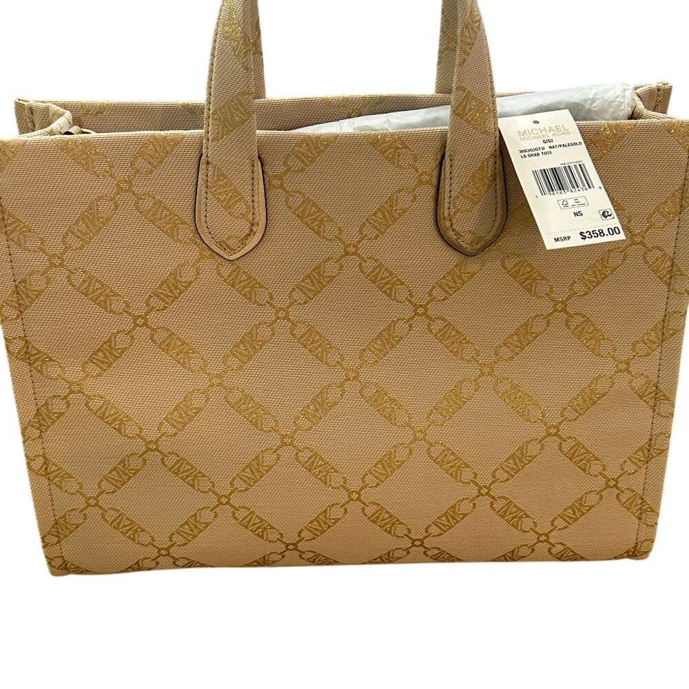 Michael Kors Gigi LG Grab Tote‎ Natural Pale Gold Signature Logo Canvas Handbag